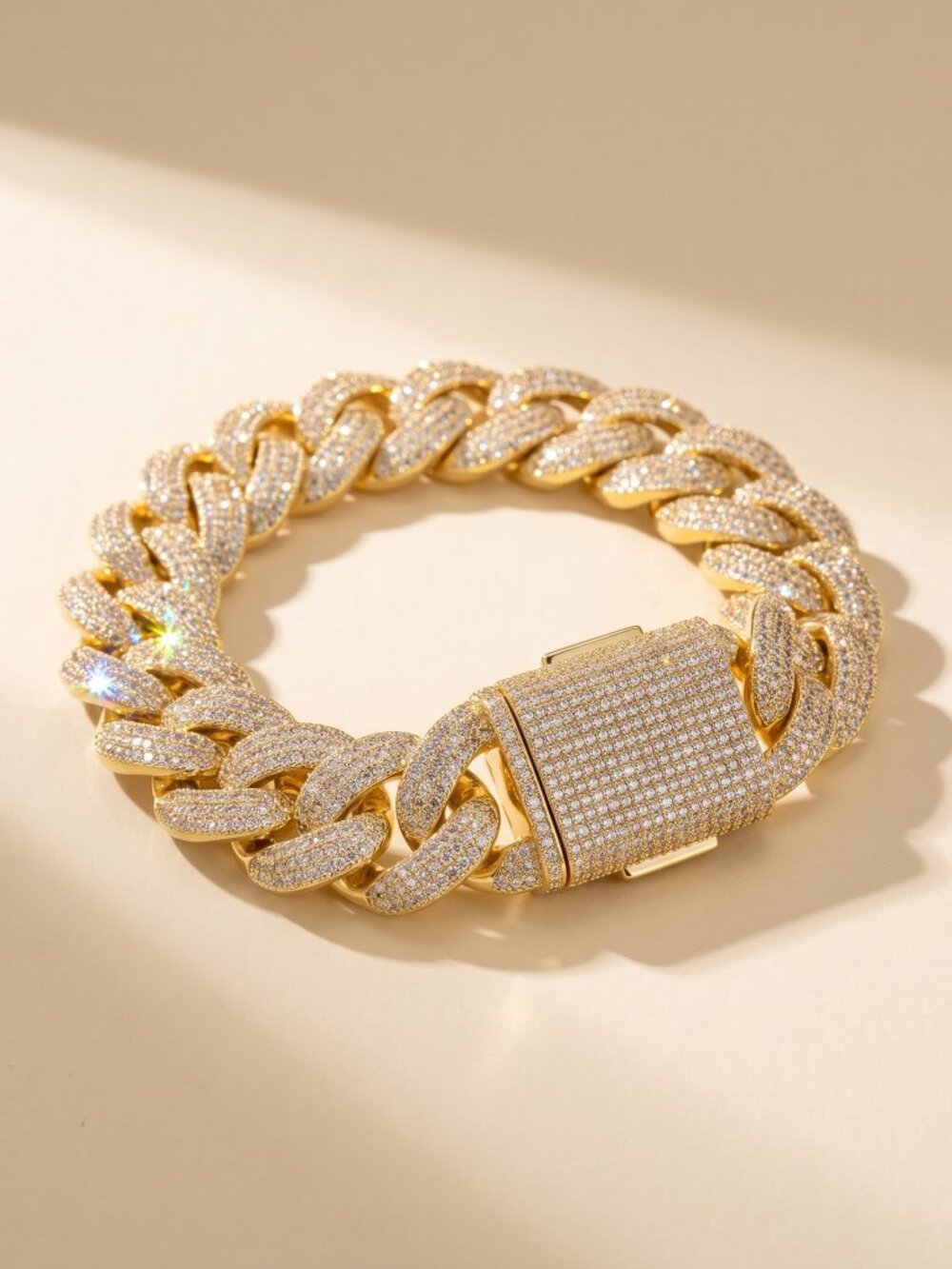 Mens Moissanite Cuban Bracelet Iced 4 Row Gold 20mm 7.75 Inch Waterproof Solid